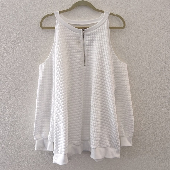 Plus Size Half Zip V-Neck White Cold Shoulder Waffle Knit Sweater Sweatshirt - Picture 5 of 11